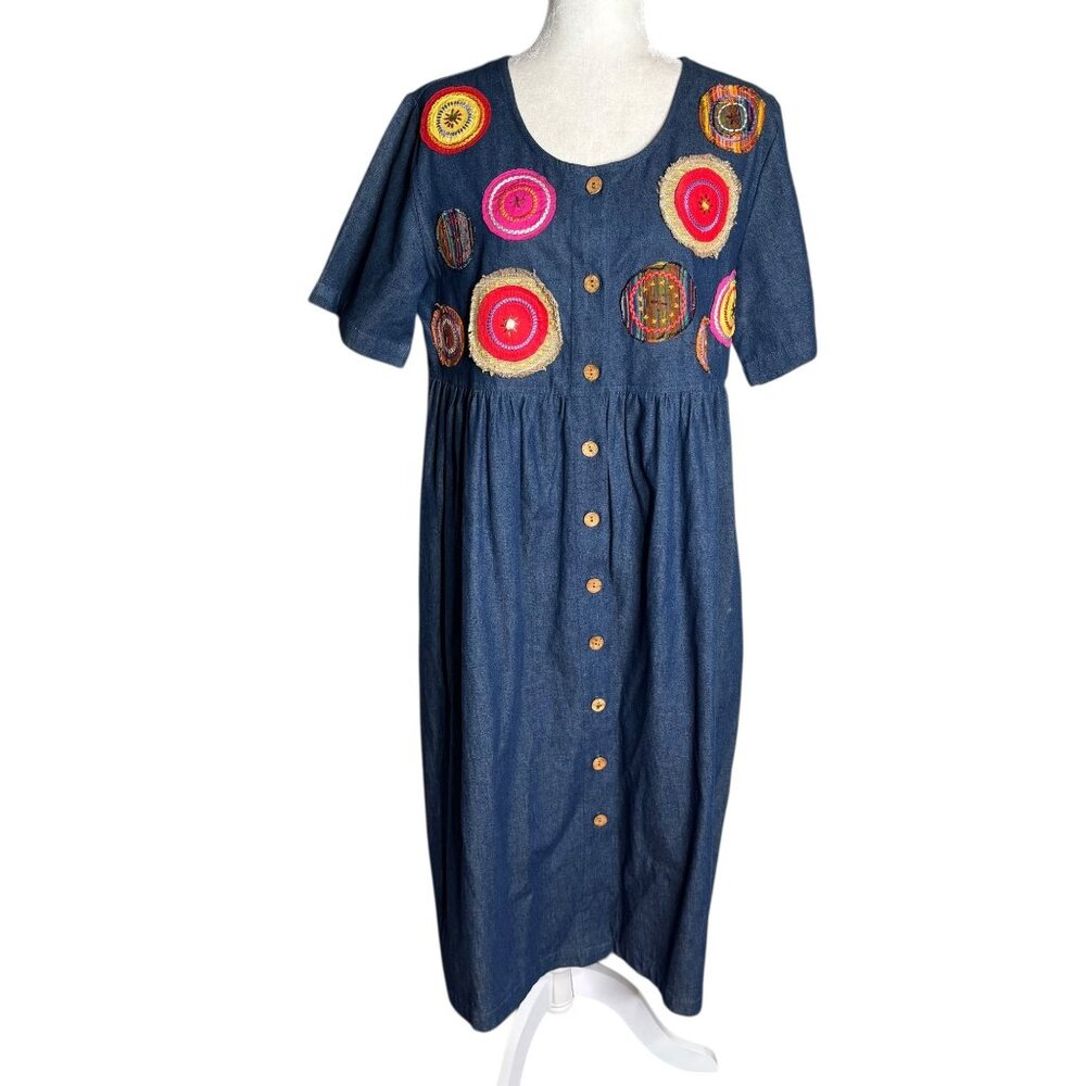 Go Softly Patio Denim Midi Dress Medium Embroidered Circles Buttons Pockets